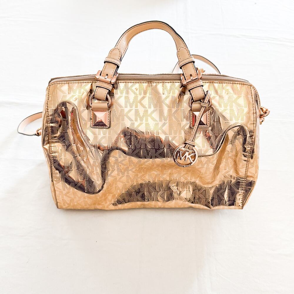 Michael Kors Grayson Satchel Duffel Bag Metallic Rose Gold Embossed Logo M/L